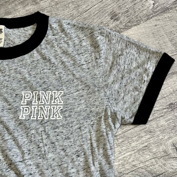 PINK Victorias Secret Campus Ringer T Shirt Womens M Short Sleeve Heather Grey - Picture 3 of 9
